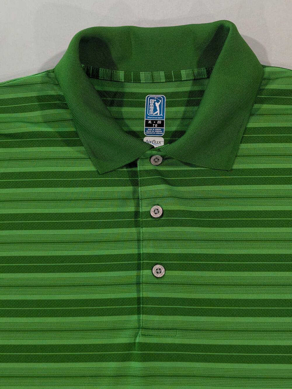 PGA Tour Shirt Mens XL Green Striped Golf Polo Airflux Polyester Short Sleeve